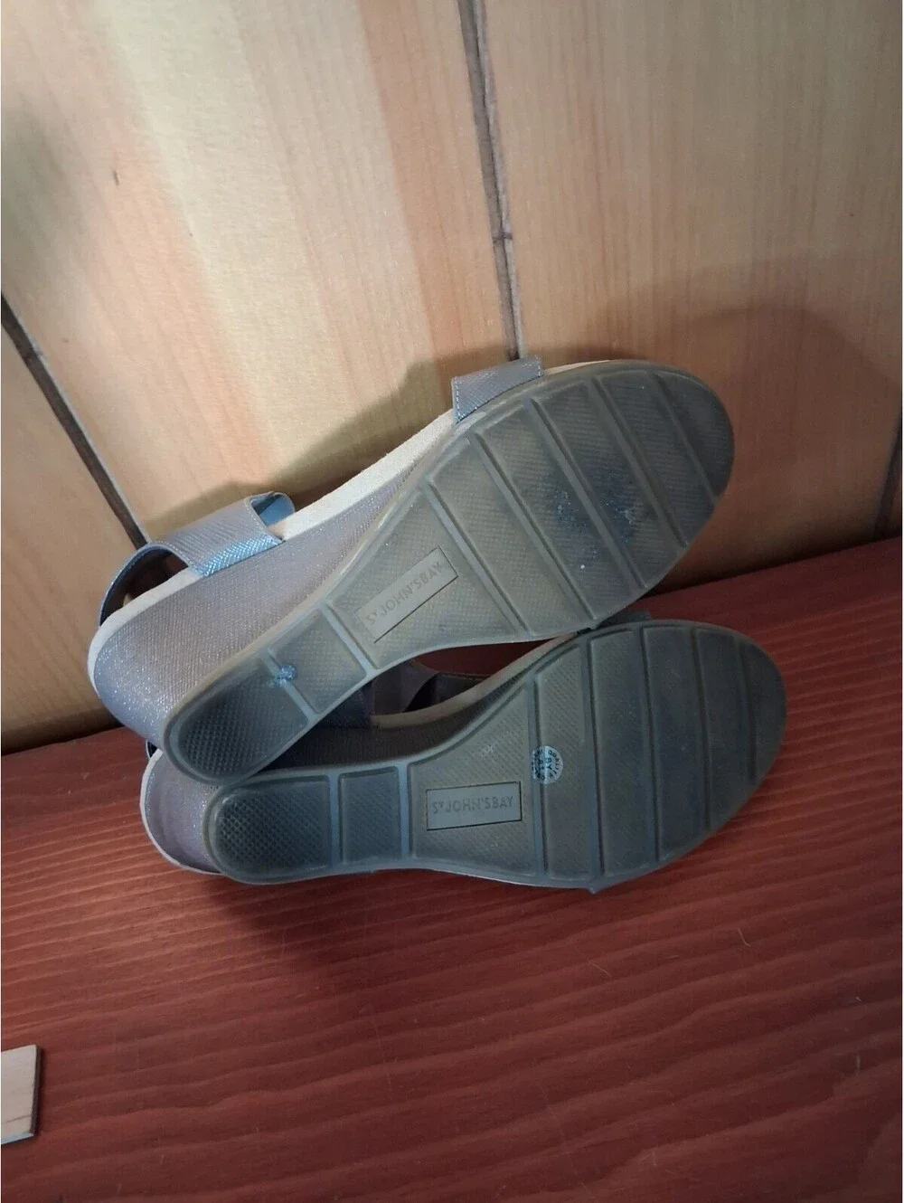St Johns Bay Women's Silver Brown Wedge Open Toe Strappy Sandals Size 7M